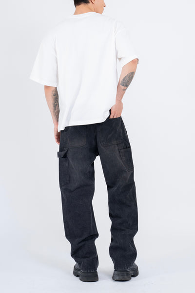 RIPPED DENIM DOUBLE KNEE UTILITY PANTS - BLACK