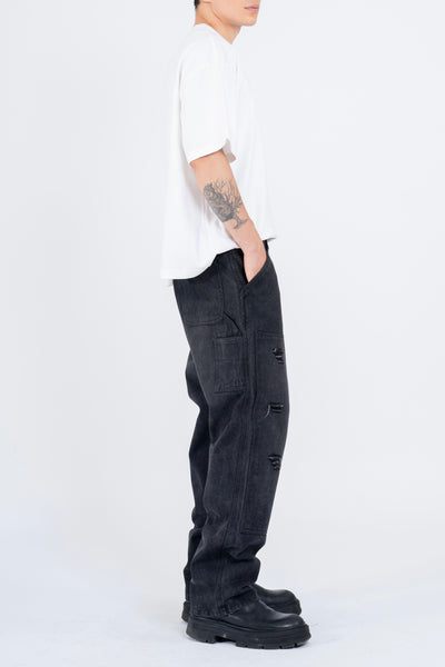 RIPPED DENIM DOUBLE KNEE UTILITY PANTS - BLACK