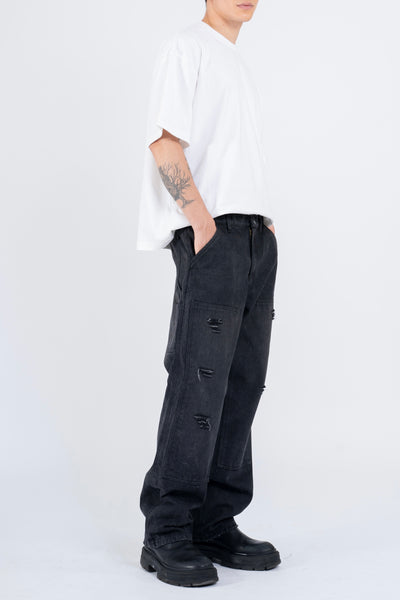 RIPPED DENIM DOUBLE KNEE UTILITY PANTS - BLACK