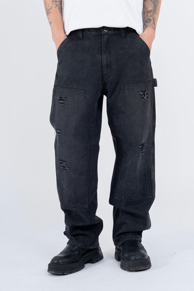 RIPPED DENIM DOUBLE KNEE UTILITY PANTS - BLACK