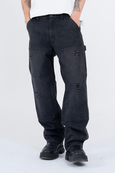 RIPPED DENIM DOUBLE KNEE UTILITY PANTS - BLACK