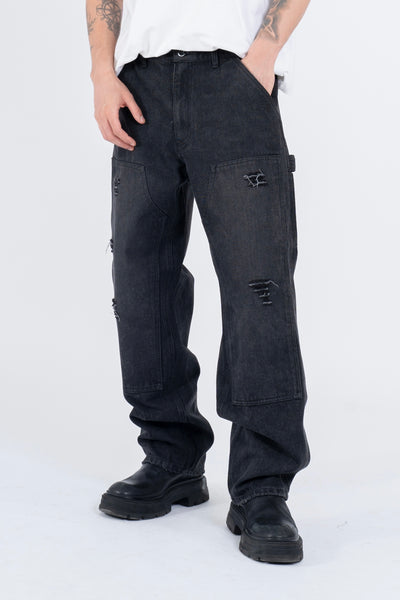 RIPPED DENIM DOUBLE KNEE UTILITY PANTS - BLACK