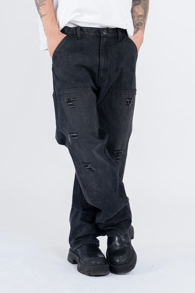 RIPPED DENIM DOUBLE KNEE UTILITY PANTS - BLACK