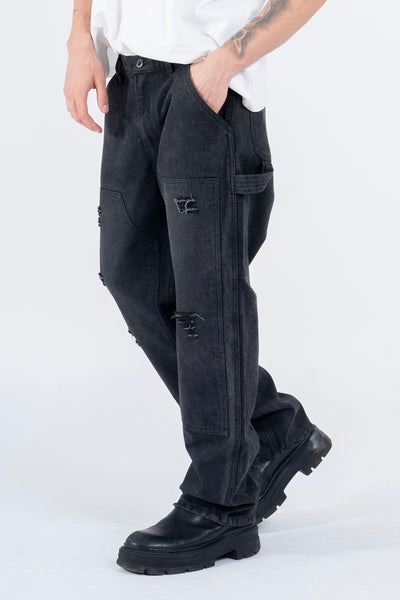 RIPPED DENIM DOUBLE KNEE UTILITY PANTS - BLACK