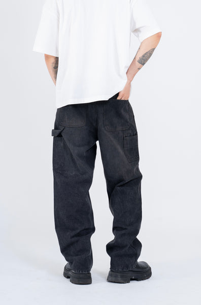 RIPPED DENIM DOUBLE KNEE UTILITY PANTS - BLACK