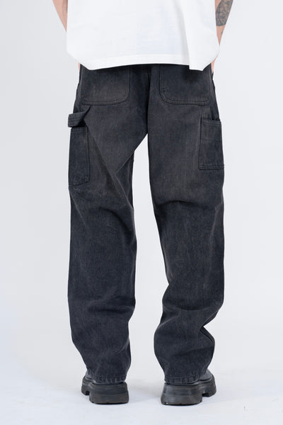 RIPPED DENIM DOUBLE KNEE UTILITY PANTS - BLACK