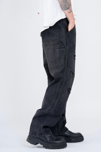 RIPPED DENIM DOUBLE KNEE UTILITY PANTS - BLACK