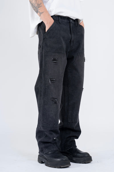 RIPPED DENIM DOUBLE KNEE UTILITY PANTS - BLACK