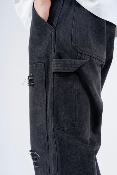 RIPPED DENIM DOUBLE KNEE UTILITY PANTS - BLACK