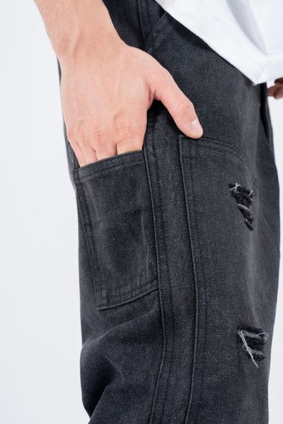 RIPPED DENIM DOUBLE KNEE UTILITY PANTS - BLACK