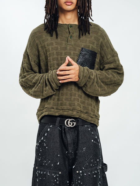 KNITTED HENLEY L/S OLIVE