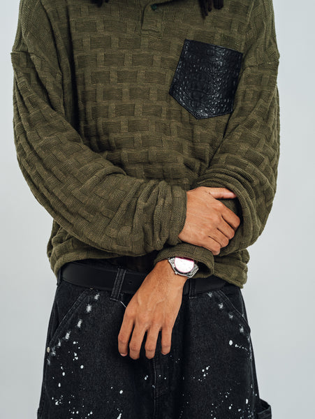 KNITTED HENLEY L/S OLIVE