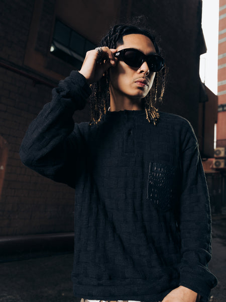 KNITTED HENLEY L/S BLACK