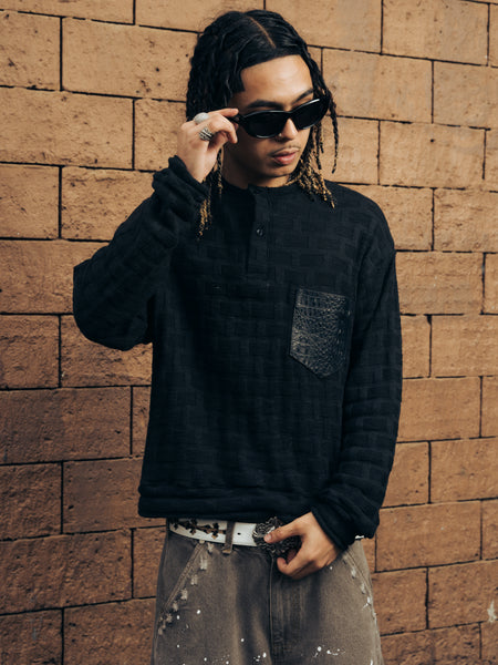 KNITTED HENLEY L/S BLACK