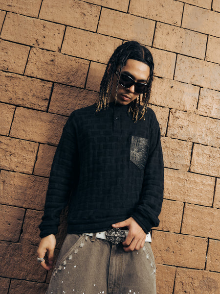 KNITTED HENLEY L/S BLACK