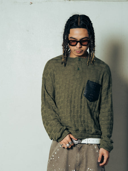 KNITTED HENLEY L/S OLIVE