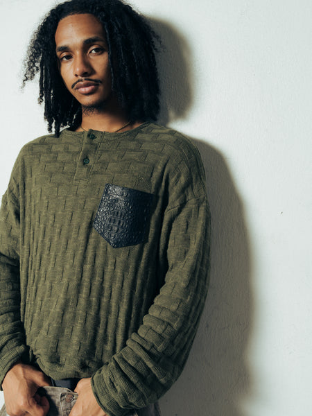 KNITTED HENLEY L/S OLIVE