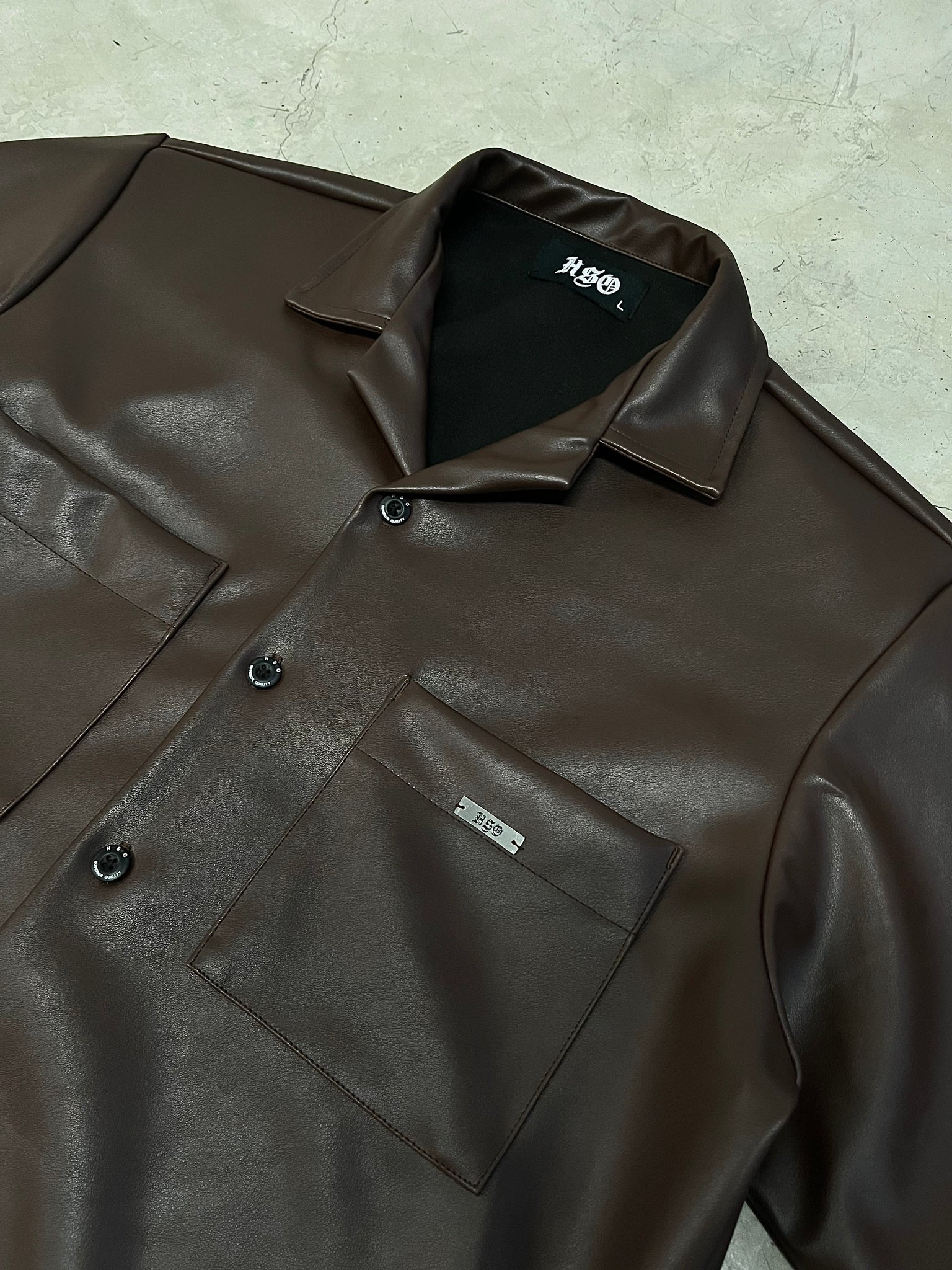 LEATHER OPEN COLLAR SHIRT - BROWN